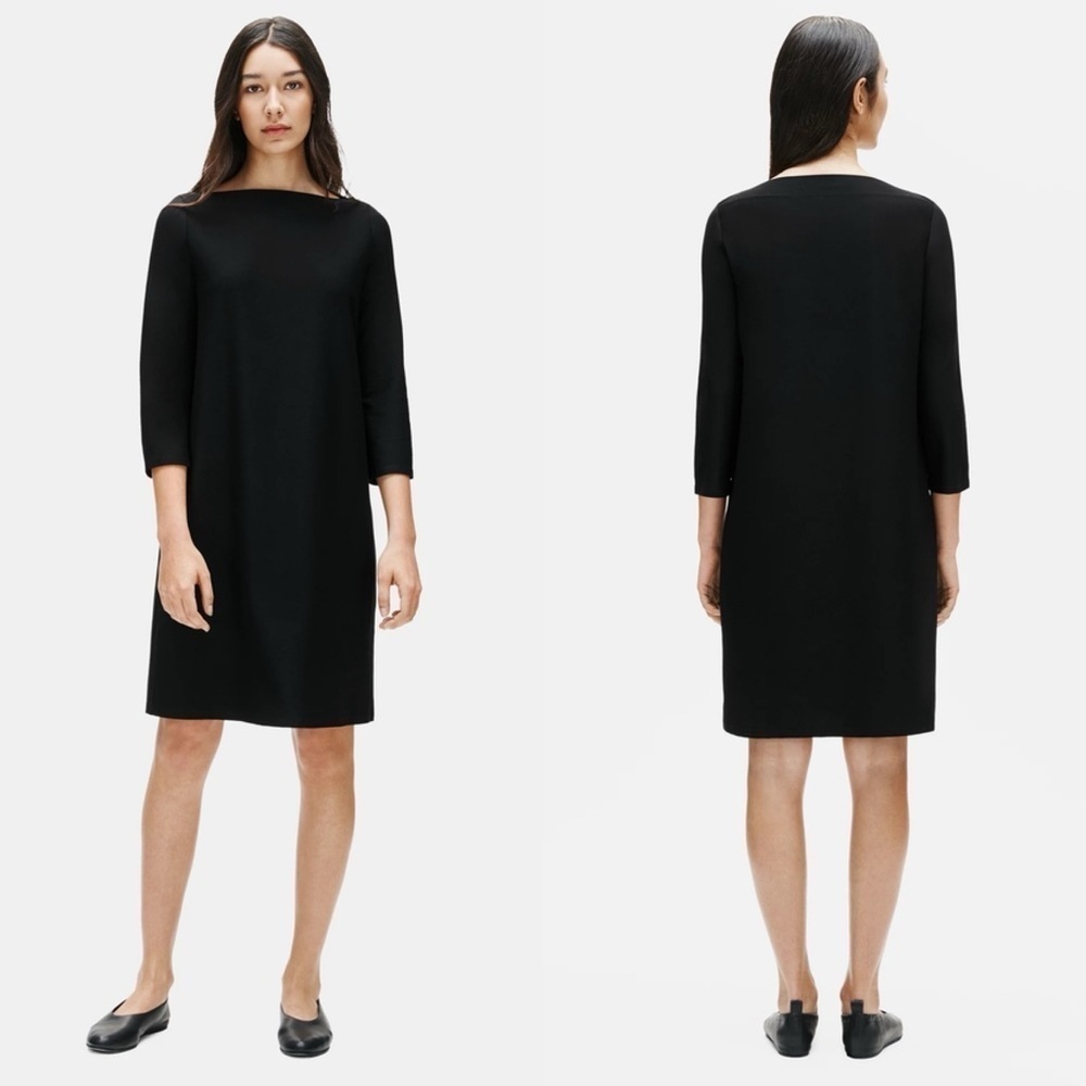 Eileen Fisher Black Washable Stretch Crepe Shift‎ Dress Minimalist XS 3/4